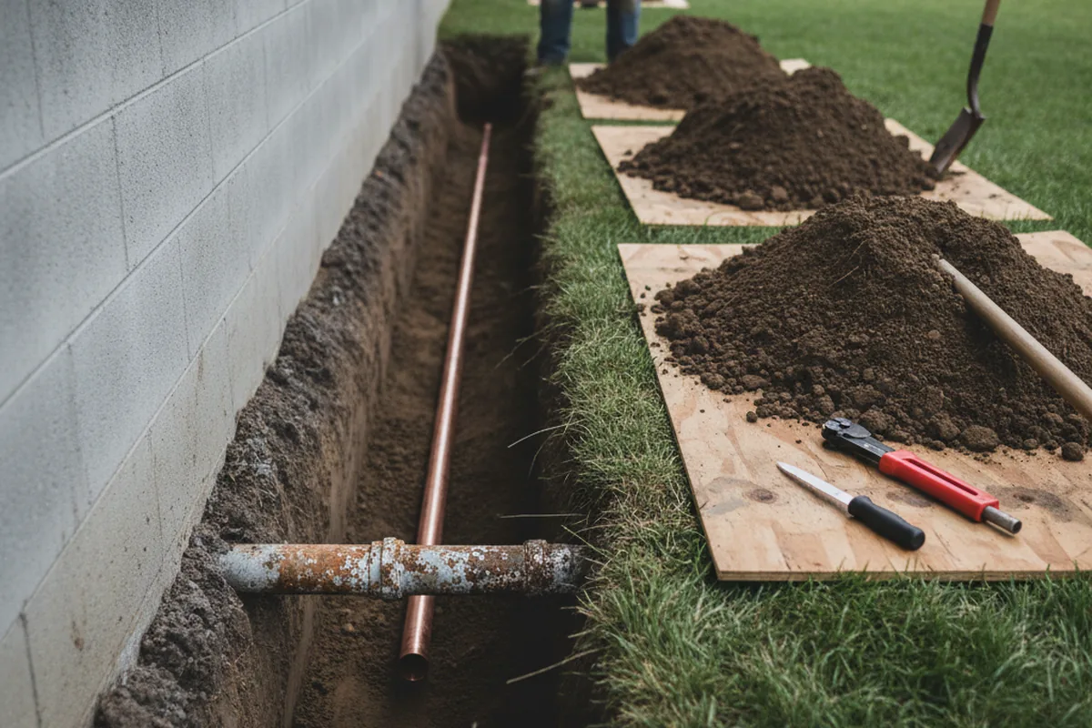 Excavated water line trench during Sewer Line Repair in Tuscarora